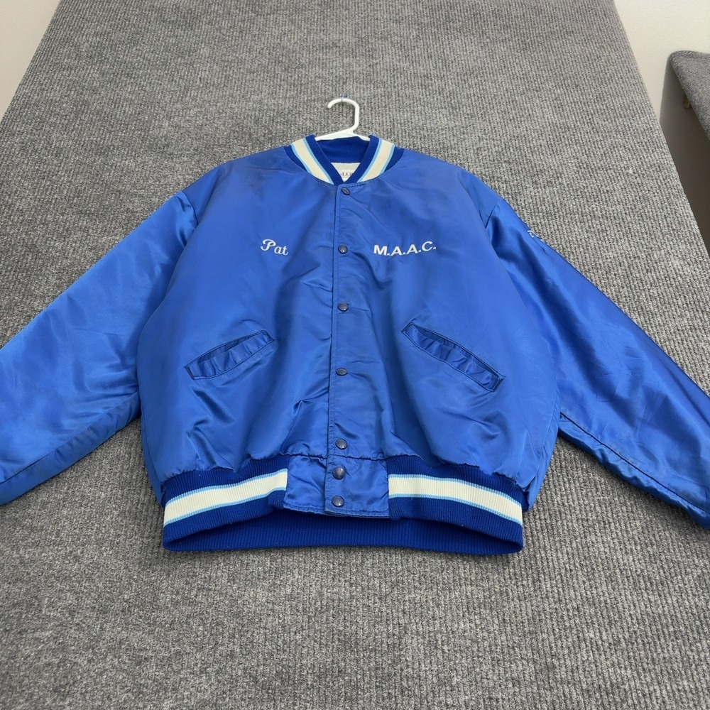 Vintage MAAC DeLong Jacket Mens XXL Blue Polyester Satin Bomber Varsity Sporty